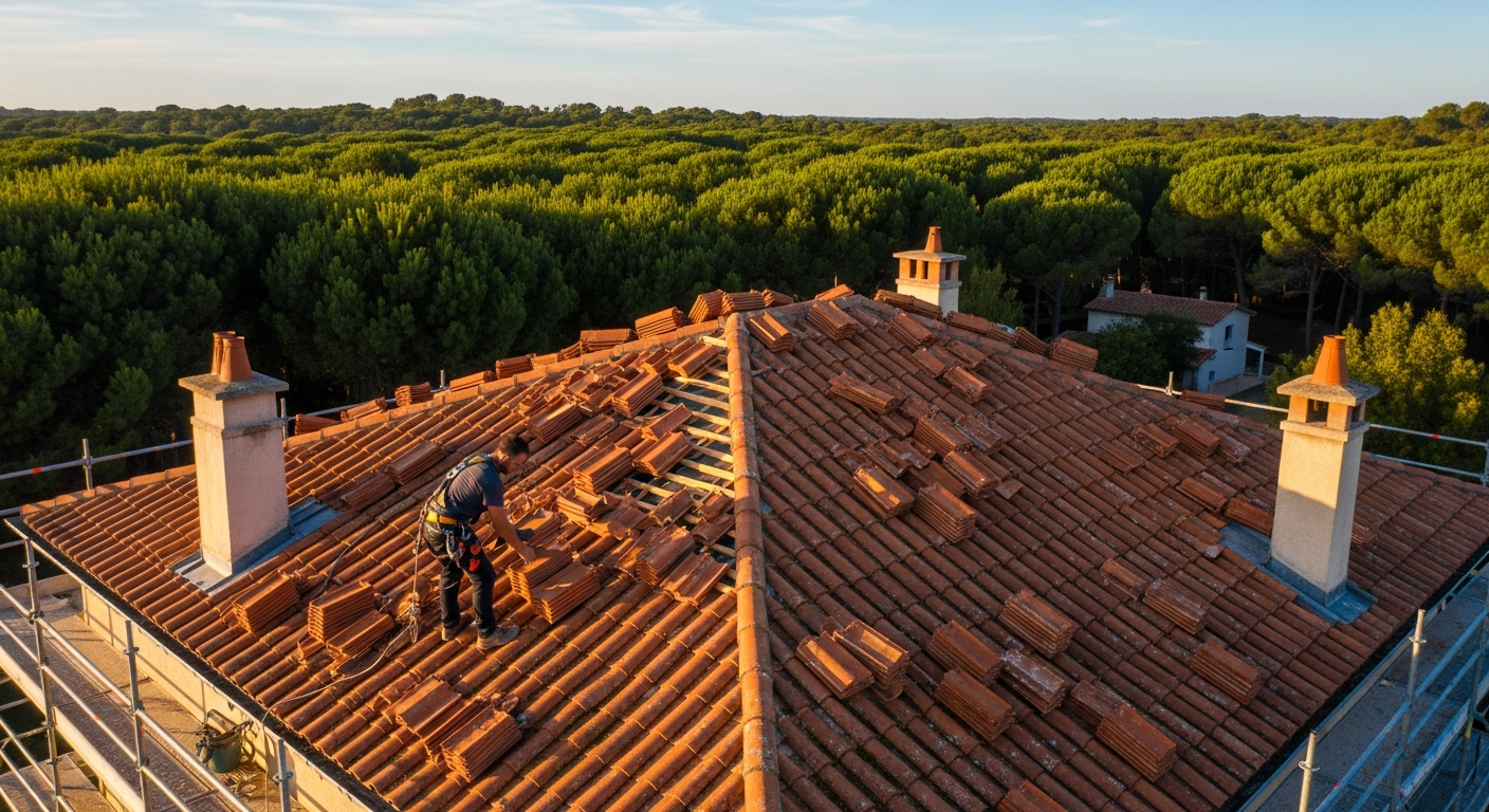 Chantier de rénovation de toiture sur une maison du Bassin d'Arcachon
