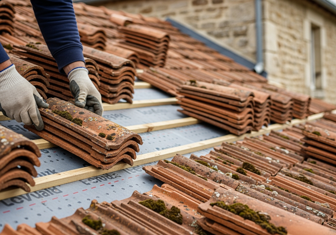 Repose de tuiles sur toiture en cours