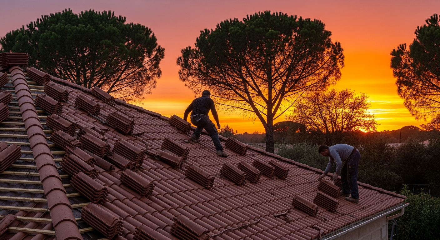 Couvreurs posant des tuiles en fin de journée sur un chantier