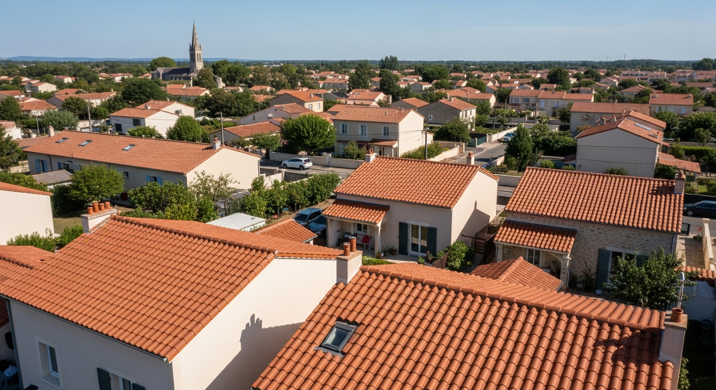 Vue aérienne de plusieurs toitures rénovées en tuiles canal