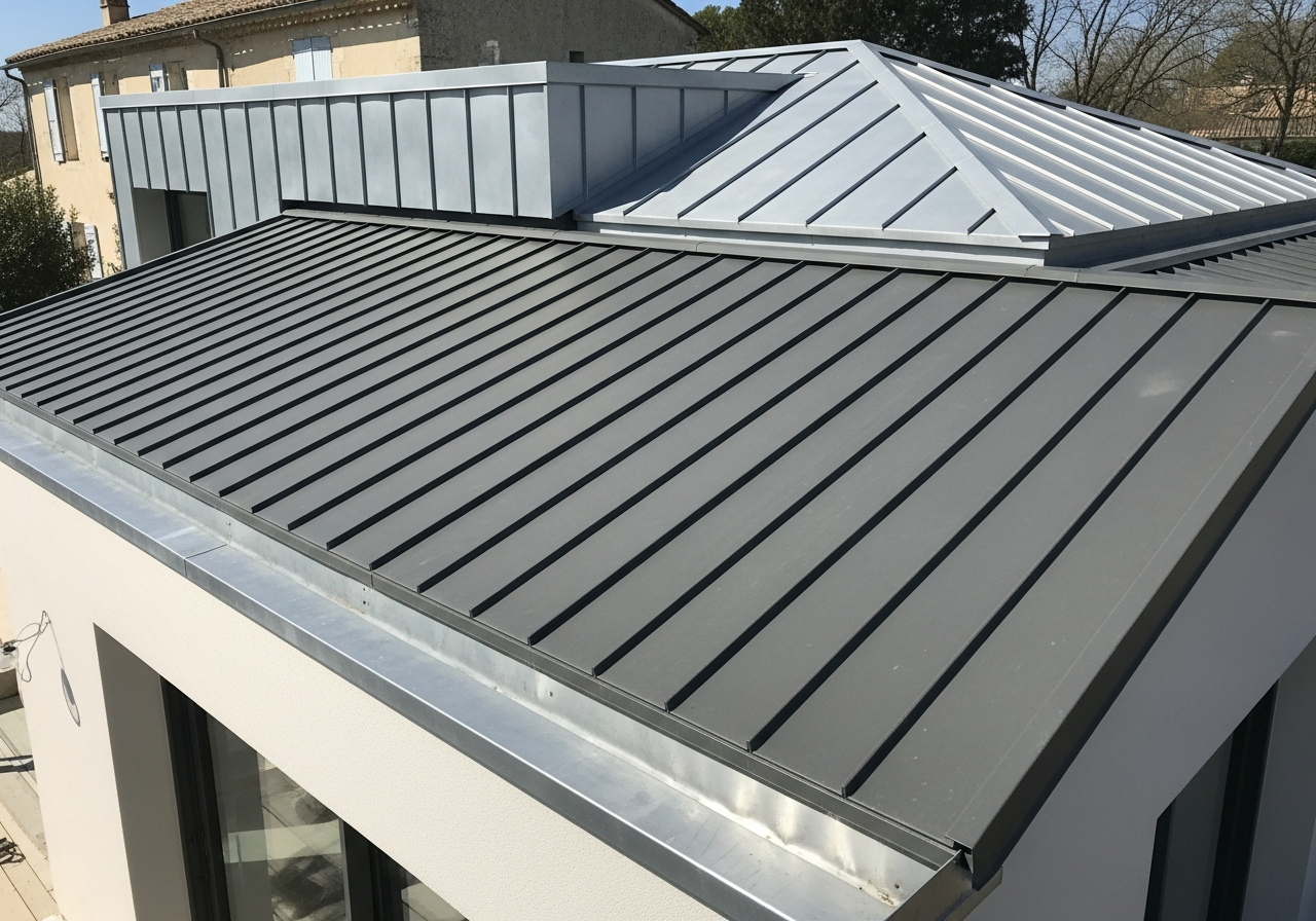 Toiture en tuiles plates neuves avec faîtage zinc